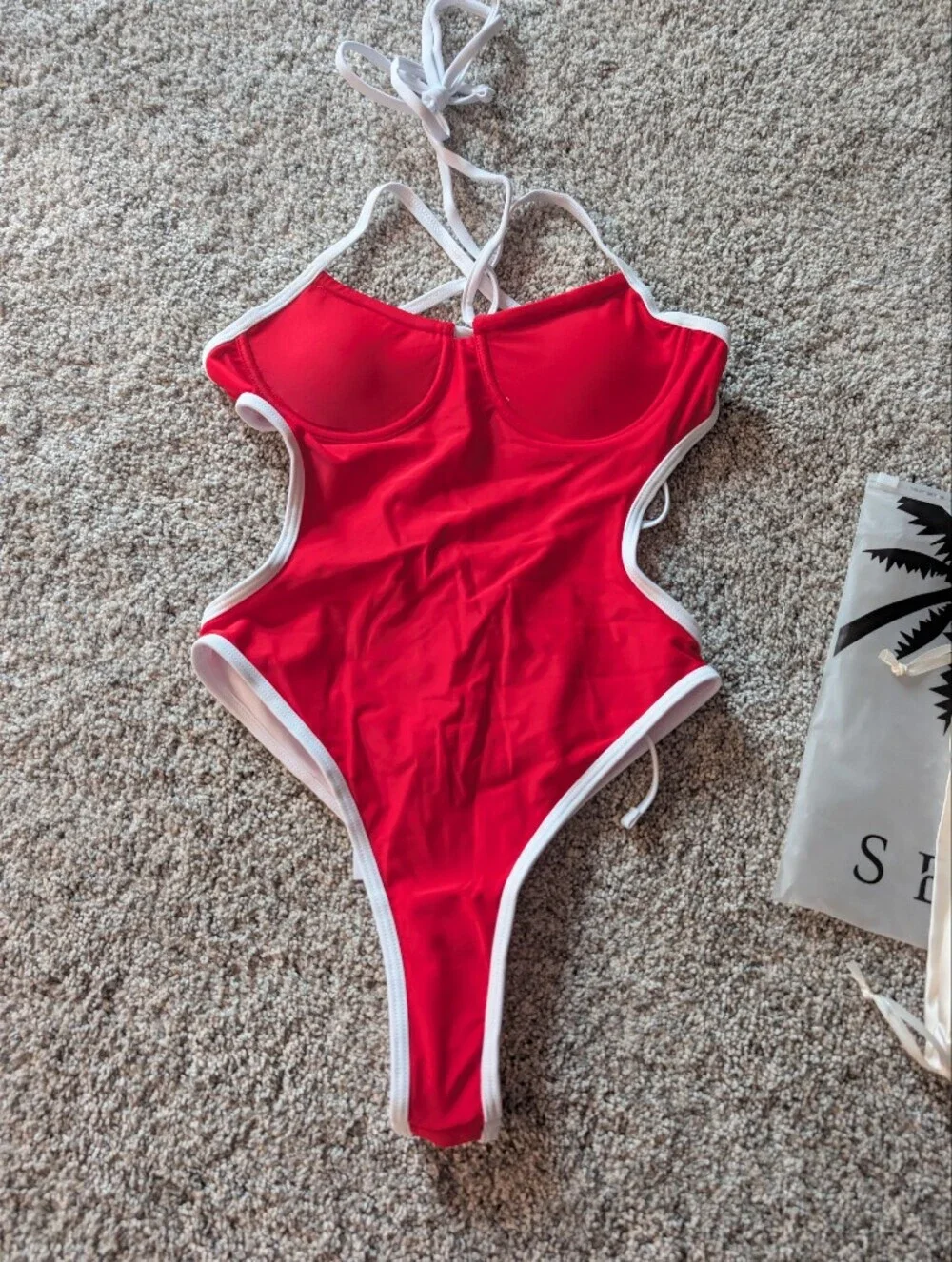 NWT SBOVIA Contrast Trim Cutout Monokini Swimsuit Set Red White XS